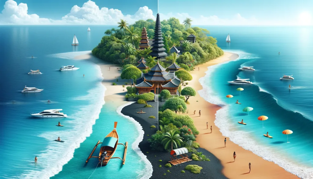  The beach scene features clear turquoise water, a traditional Thai longtail boat, lush greenery, volcanic sand, a Balinese temple near the shore, and surfers enjoying the waves. This vibrant and inviting image highlights the beauty and affordability of these travel destinations for Australians